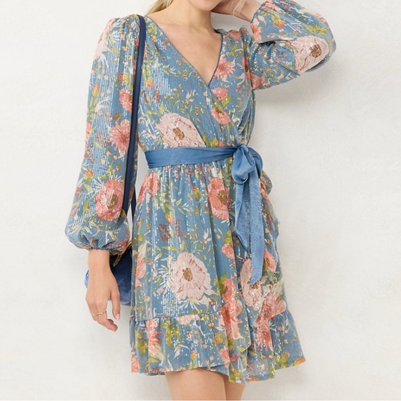 LC Lauren Conrad Women’s Faux-Wrap Fit & Flare Sequins Dress size M Never Worn - Picture 3 of 7